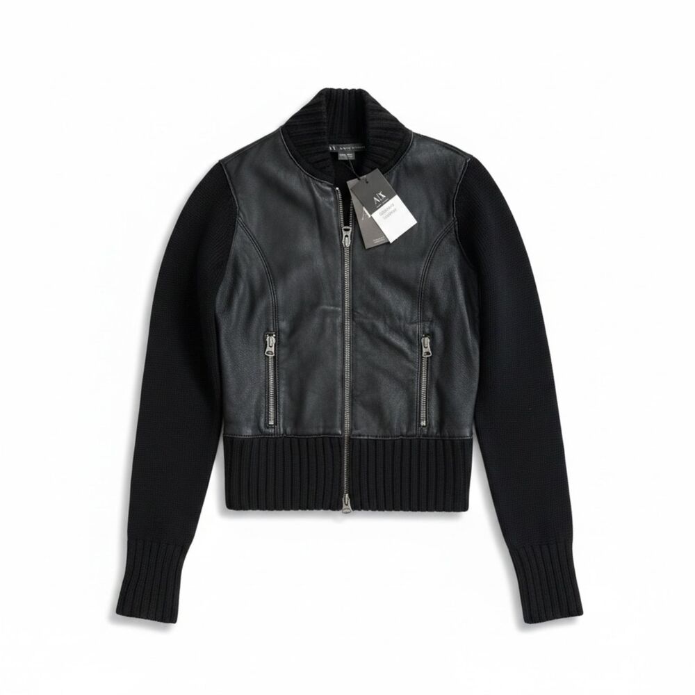 A|X Armani Exchange Black XS Lambskin/Leather/Merino Wool Knit MotoJacket NWT